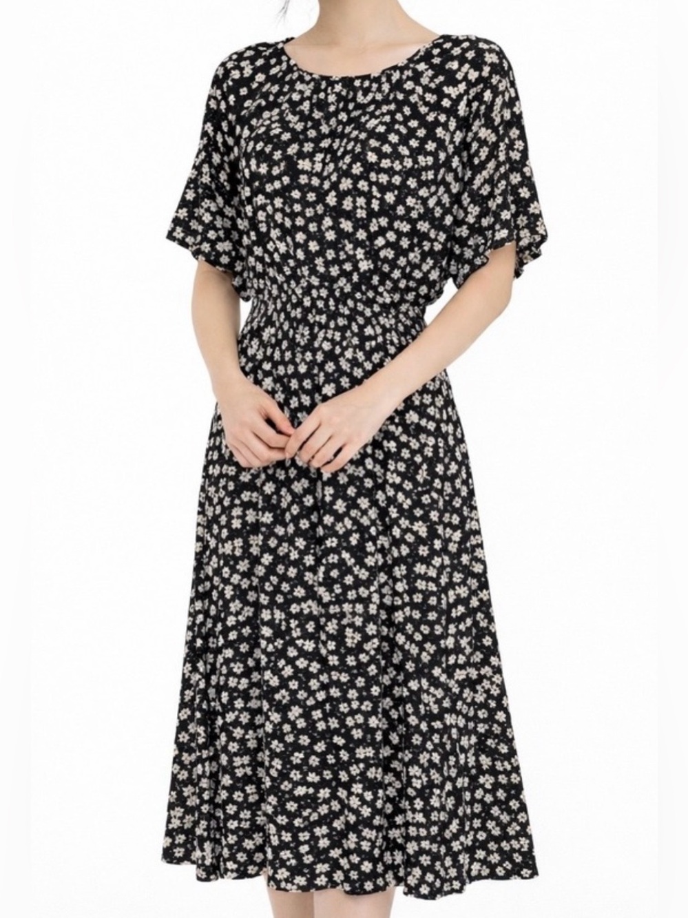 H&M Midi Dress, Black with White Flowers, Smocked Waist, size Large